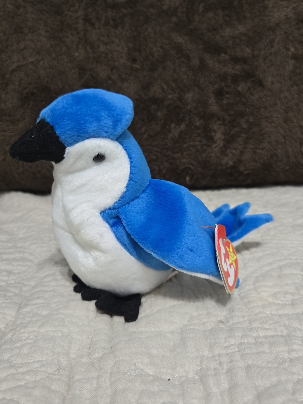 Ty Beanie Baby Rocket the Blue Jay. Blue and White Plush Bird